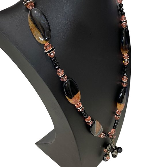 (4-111) NWOT Black & Orange Druzy Agate Long Necklace - One of a Kind - Handmade - Picture 2 of 9